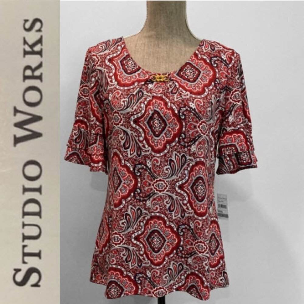 Studio Works Red Short Ruffle Sleeve Top Medium - Picture 2 of 12